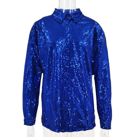 Turn-down Collar Long Sleeve FeY2k Shirts Dresses Glitter Sequins Party Shirt Dress Streetwear Clothes