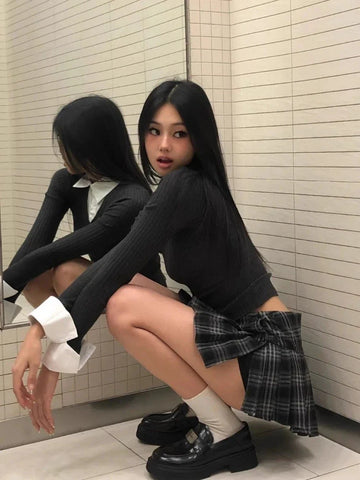 Vintage Y2K Plaid Mini Skirt Preppy Style Low Waist Slim A-line Side Split Retro Pleated Skirt Streetwear