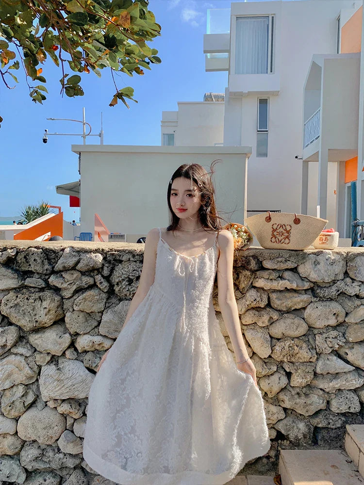 Voguable Elegant Floral Midi Dress Casual Y2k Clothing White One Pice Dress Korean Beach Style Slim Party Dress Chic