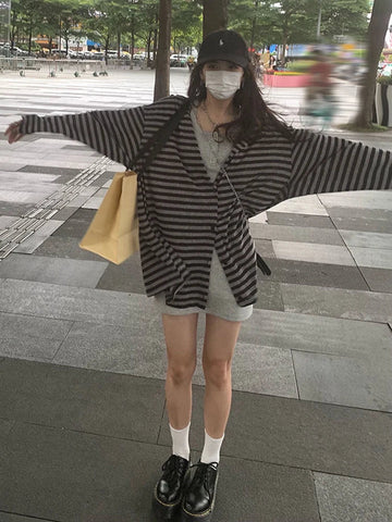 Voguable  Harajuku Y2k Top Black Gray Striped Cardigan Loose Casual Long-Sleeved Top Woman Clothes Grunge Korean Fashion