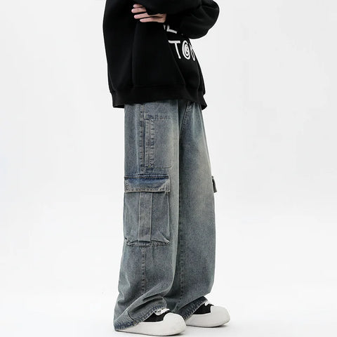 Vintage Y2K Streetwear Cargo Jeans for Straight Wide Leg Pants Loose Casual Denim Trousers Hip Hop Harajuku