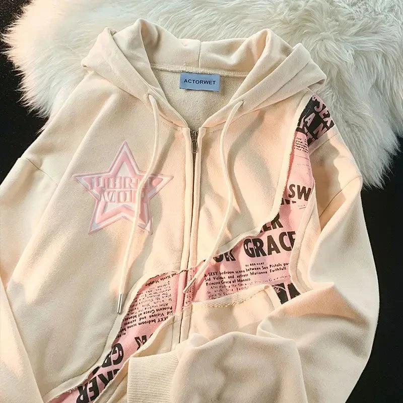 Harajuku Vintage Zip Up Hoodies Y2K Hip Hop Letter Print Sweatshirts Gothic Streetwear Loose Patchwork Tops Hip Hop Coats