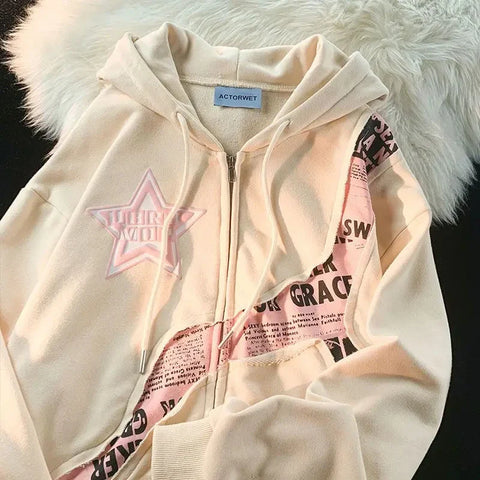 Harajuku Vintage Zip Up Hoodies Y2K Hip Hop Letter Print Sweatshirts Gothic Streetwear Loose Patchwork Tops Hip Hop Coats