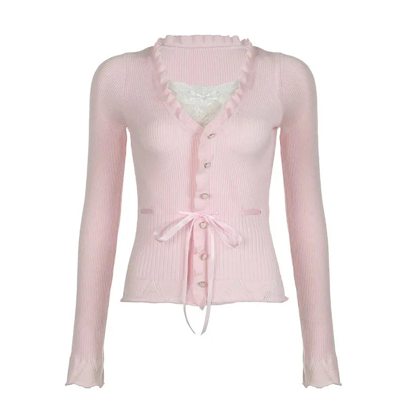 Fairycore Clothing Top y2k Ruffle Lace Patchwork Long Sleeve Knitted T Shirt 2000s Coquette Clothes Streetwear