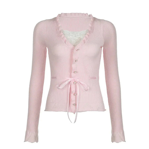 Fairycore Clothing Top y2k Ruffle Lace Patchwork Long Sleeve Knitted T Shirt 2000s Coquette Clothes Streetwear