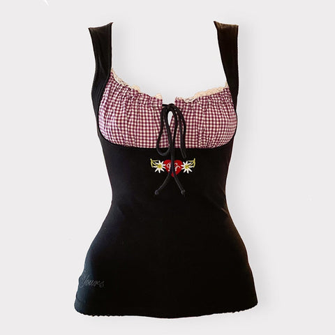 Voguable  Vintage Kawaii Bow Embroidery Mini Dress Patchwork Square Collar Short Sleeve Black Dress Retro Y2K Aesthetic Fairy Clothes