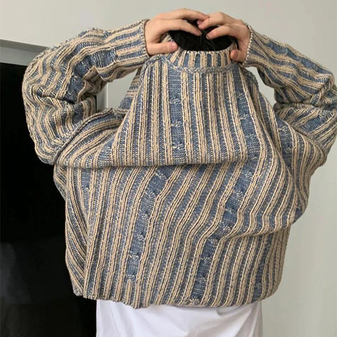 Voguable  Fashionable Striped Knitting Sweaters Streetwear Y2K Loose O Neck Long Sleeve Knit T-shirts Vintage Sweater Tops