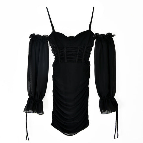 Voguable  Spaghetti Strap Long Lantern Sleeves Ruched Mini Dresses Woman Y2k Mesh Vintage Dress Club Party Vestidos
