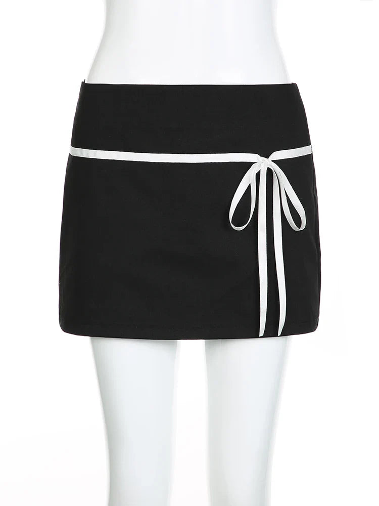 Voguable Bow Ribbon Stitching Mini Skirts Coquette Outfits Low Waist Elastic Short Skirts Y2K Aesthetic Fairycore Korean New