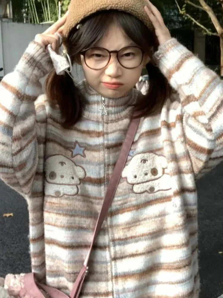 Y2k Aesthetic Japanese Knit Cardigan Kawaii Dog Embroidery Harajuku  Femme Striped Preppy Zipper y Womens