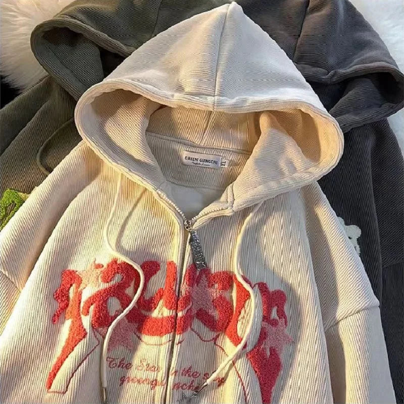 Y2k American Retro Embroidery Corduroy Coat Harajuku Thin Casual Preppy Loose Hoodie Cardigan Coat Trend
