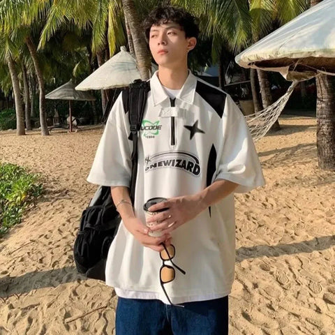 American Retro Short Sleeved Y2k Motorcycle Style Polo Collar Simple Versatile Loose Vintage Couple T-shirt Casual Top