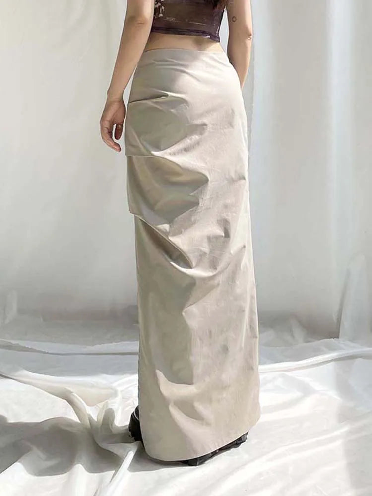 Voguable Elegant Folds Maxi Skirt Streetwear High Waist Straight Slits Long Skirts Lady Harajuku Y2K Retro Outfits