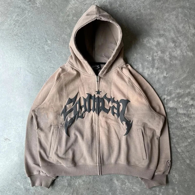 Harajuku High Street Popular Vintage Letter Print Y2k Zip Hoodies Loose Sweatshirt Unisex Casual Joker Pullovers Hoodie Tops