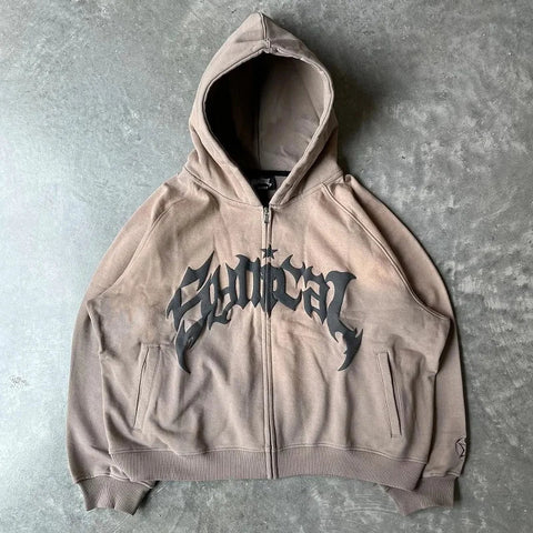 Harajuku High Street Popular Vintage Letter Print Y2k Zip Hoodies Loose Sweatshirt Unisex Casual Joker Pullovers Hoodie Tops