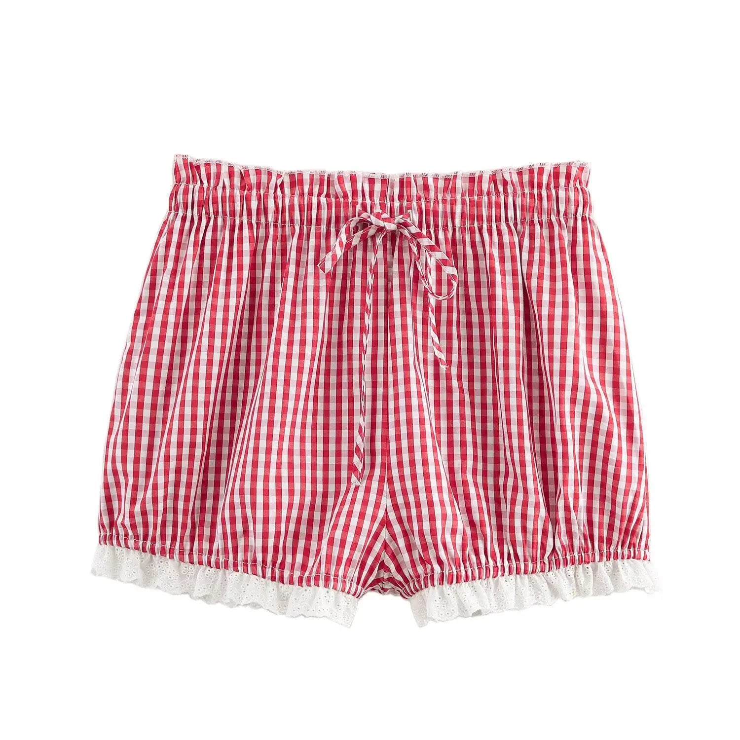Cute Lace Trim Plaid Shorts Low Waist Y2k Pajamas Short Pants Casual Homewear