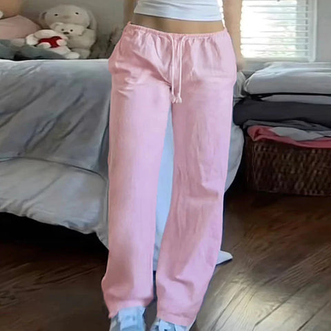 Drawstring Low Rise Pink Casual Pants y2k Basic See Through Pants y2k Aesthetic Straight Trousers for Korean Style