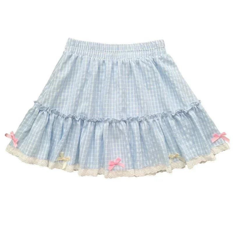 Voguable Y2k Aesthetic Bow Short Skirts Blue Plaid Kawaii Lolita Mini Skirt Harajuku Japanese Preppy Style Pleated Fairy Skirt