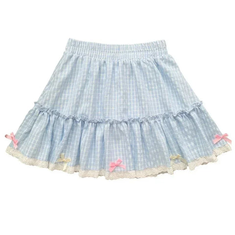 Voguable Y2k Aesthetic Bow Short Skirts Blue Plaid Kawaii Lolita Mini Skirt Harajuku Japanese Preppy Style Pleated Fairy Skirt