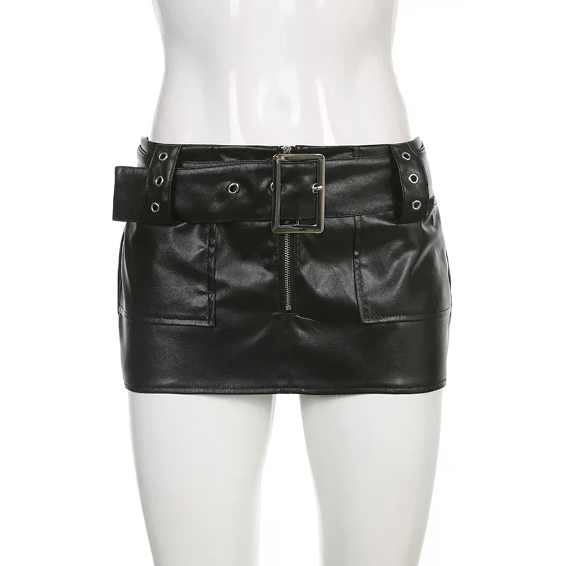 Voguable Vintage Leather Skirts Belt Y2K Low Waist Mini Skirt Streetwear PU Straight Skirt 90s Punk Summer