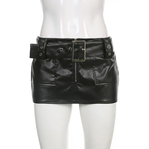 Voguable Vintage Leather Skirts Belt Y2K Low Waist Mini Skirt Streetwear PU Straight Skirt 90s Punk Summer