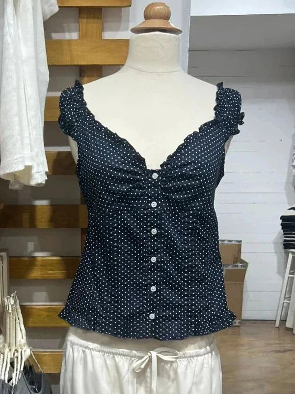 Ruffles White Basic Blouse Top for Woman Folds Single Breasted Sleeveless Tank Tops Casual Cotton Vest Y2k Sweet Camisole