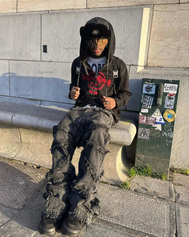 Stitching Frayed Low-waist Straight Jeans Raw Edge Do Old Retro Casual Jeans Rap Y2K Girl Personality Trousers