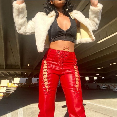 Lace Up PU Leather Pants Chic High Waist Hollow Out Y2K Drawstring Bandage Cut Out Gothic Faux Leather Trousers