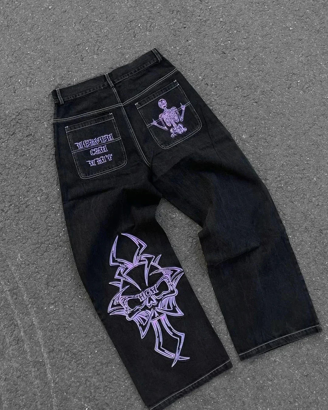 Hip Hop Baggy Jeans  Harajuku Goth Y2k Jeans for Black Striped Embroidered Wide Leg Denim Pants High Street Streetwear