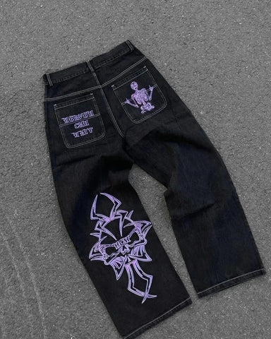 Hip Hop Baggy Jeans  Harajuku Goth Y2k Jeans for Black Striped Embroidered Wide Leg Denim Pants High Street Streetwear