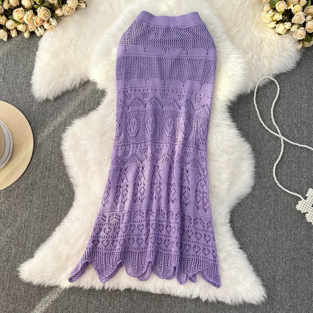 Voguable Boho Retro Holiday Long Skirts Y2k Crochet Hollow Out FeTrumpet Skirt Ladies Elegant Skirt