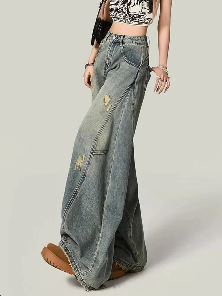 Y2K Hole Jeans Streetwear American Retro High Waist Loose Denim Pants Casual Hip Hop Vintage Pockets Lady Gothic Trousers