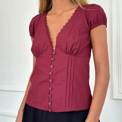 Coquette Shirt y2k Clothes Deep V Neck Lace Trim Single Breasted Short Sleeve Blouse Crop Top Club Streetwear