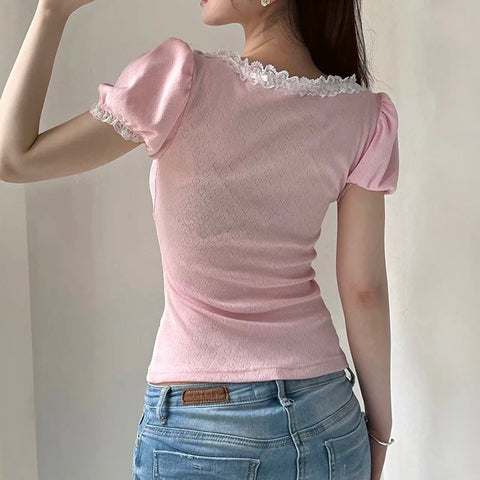 Voguable Coquette Aesthetic Jacquard Heart-shape T-shirt Y2K Japanese Kawaii Contrast Lace Stitching Bow Tops New
