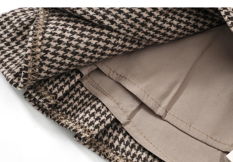Y2K Low Rise Houndstooth Mini Skirt with Belt Woolen Pleated Mini Skirt Ladies Winter Outfit