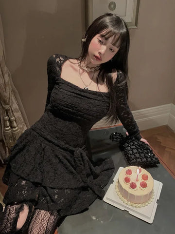 Lace Basic Causal Dress Square Collar Slim Waist Tunic  All Match Dresses Y2k Aesthetic Elegant Vestidos