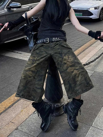 American Vintage Japanese 2000s Camo Jorts Jean Shorts Knee Length Denim Pants Y2k Streetwear Harajuku Punk Baggy