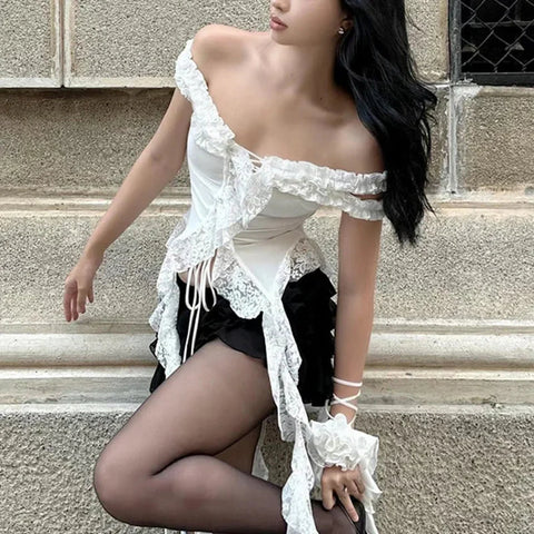 Fairy Coquette y2k Top Lace Patchwork Off Shoulder Sleeveless Irregular Hem T Shirt 2000s Party Clubwear