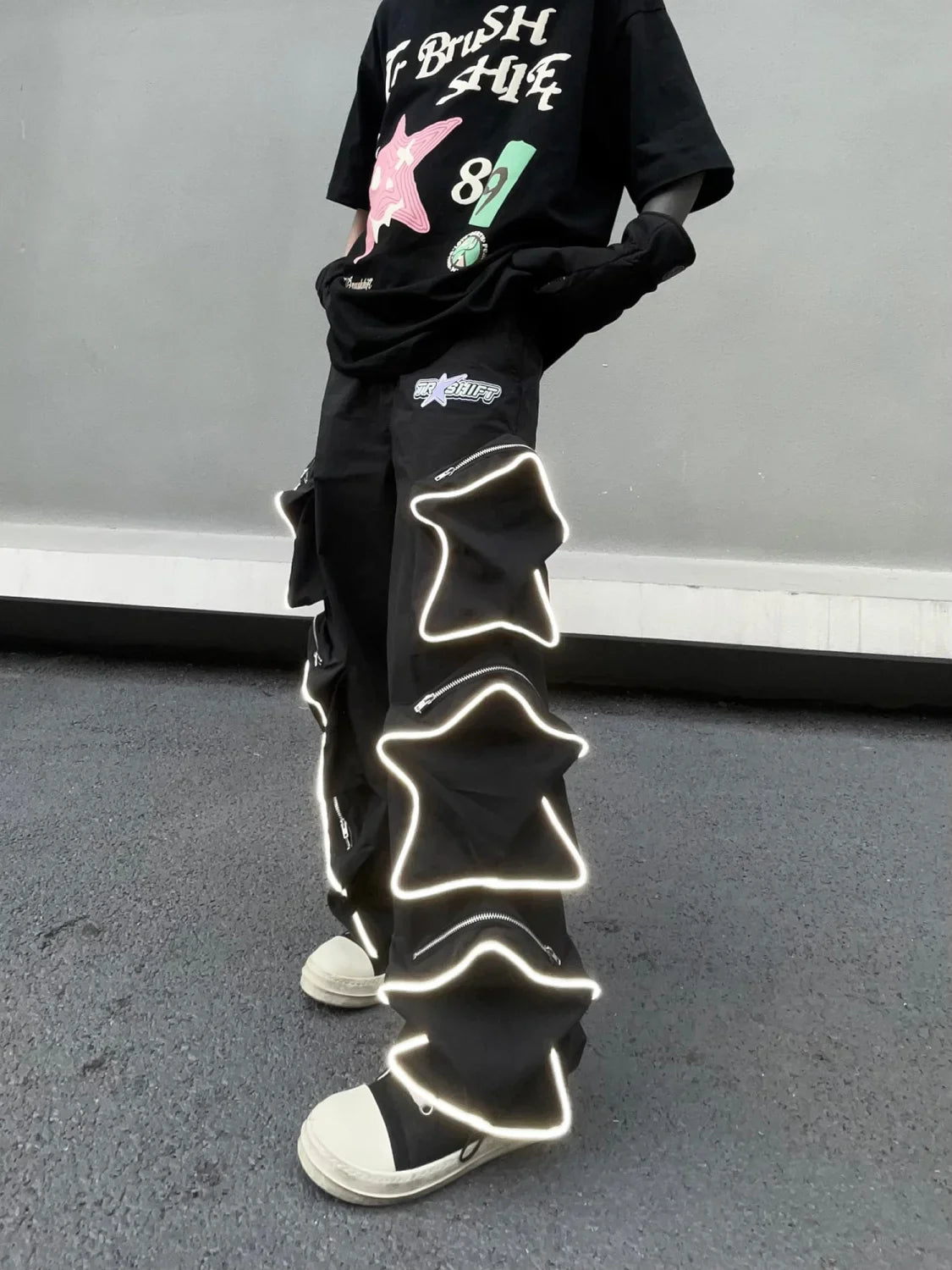 Voguable Y2k Cargo Pants Five Pointed Star Three Dimensional Multi Pocket Black Pants Reflective Casual Straight Leg Pants Streetwear
