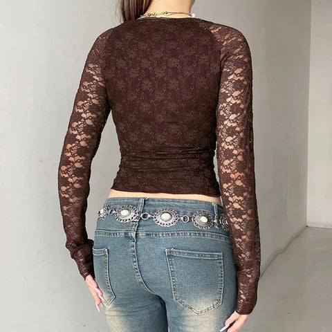 Brown Transparent Lace Sleeve Crop Top Grunge y2k Floral Print Square Collar T-shirt Retro Shirt Vintage 2000s Tees