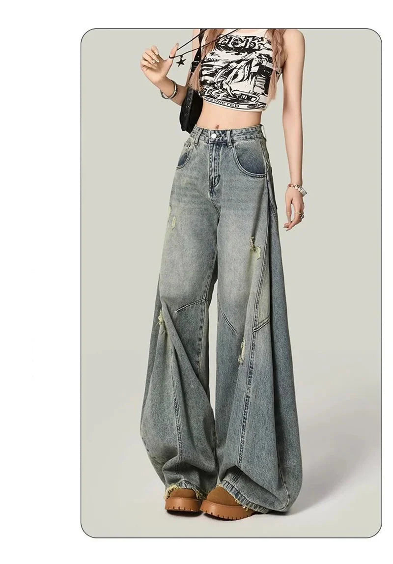 Y2K Hole Jeans Streetwear American Retro High Waist Loose Denim Pants Casual Hip Hop Vintage Pockets Lady Gothic Trousers