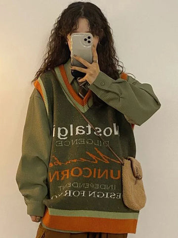 Voguable Vintage Harajuku Letter Knitted Vest Preppy Style Loose Bf Y2K Tops Japan Loose All Match V Neck Casual Sweater Vest