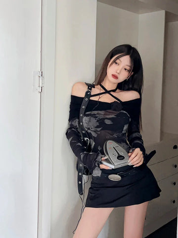 Voguable Harajuku Retro Tie Dye Mesh Tops Flare Sleeve Lace Up T Shirt Y2k Vintage Crop Tops Streetwear Japanese 2000s E Girls Top