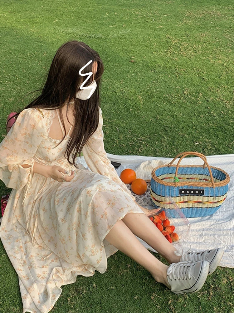 Voguable Elegant Y2K Midi Dress Casual Lace One Piece Dress Korean Sweet Vintage Floral Dress Party Long Sleeve