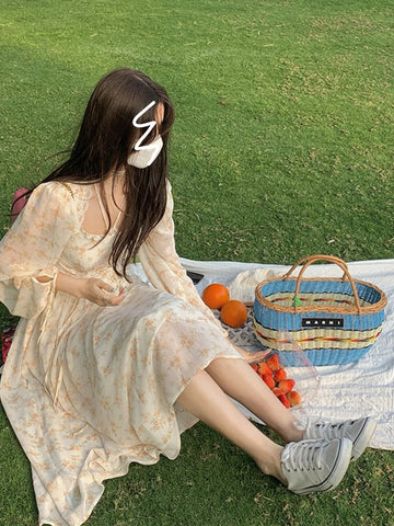 Voguable Elegant Y2K Midi Dress Casual Lace One Piece Dress Korean Sweet Vintage Floral Dress Party Long Sleeve