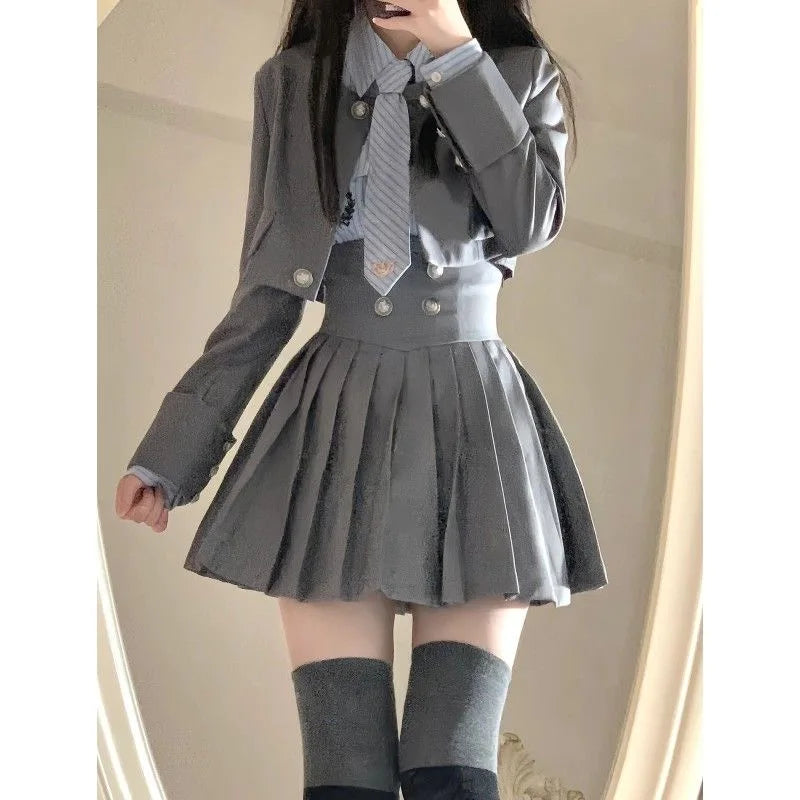 Voguable  Elegant 3 Piece Set Skirt Woman Stripe Shirt + High Waist Y2k Mini Skirt + Short Coat Suit Preppy Style Summer