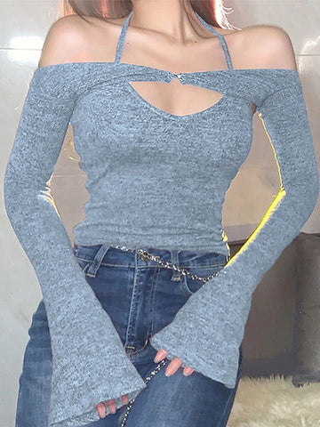Y2K Top Long Sleeve T-Shirts 2 Piece Tops Halter Tanks Backless Crop Top Off Shoulder Tees Christmas Clothes