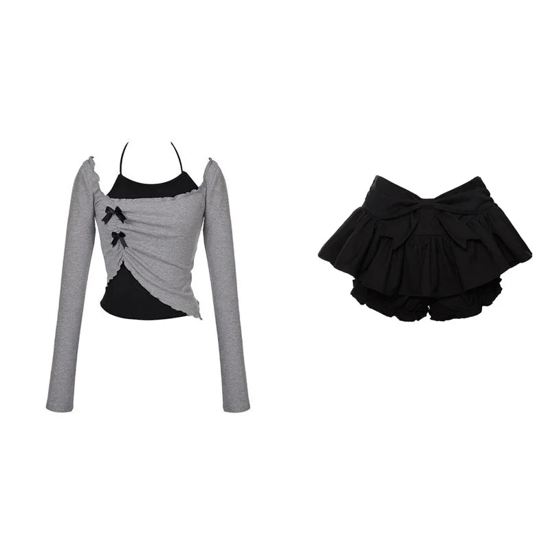 Voguable Korean 2 Piece Set Skirt Slim Y2k Crop Tops Casual Vintage Black Mini Skirt Kawaii Sweet Suit Woman Chic