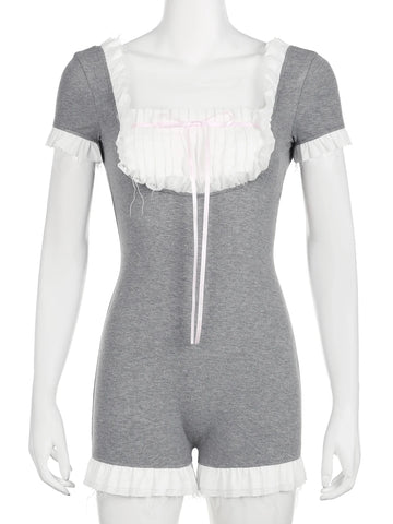 Voguable y2k Coquette Lace Frill Backless Tie Up Jumpsuit Aesthetic Bodycon Romper One Piece Bodysuit Streetwear Playsuit
