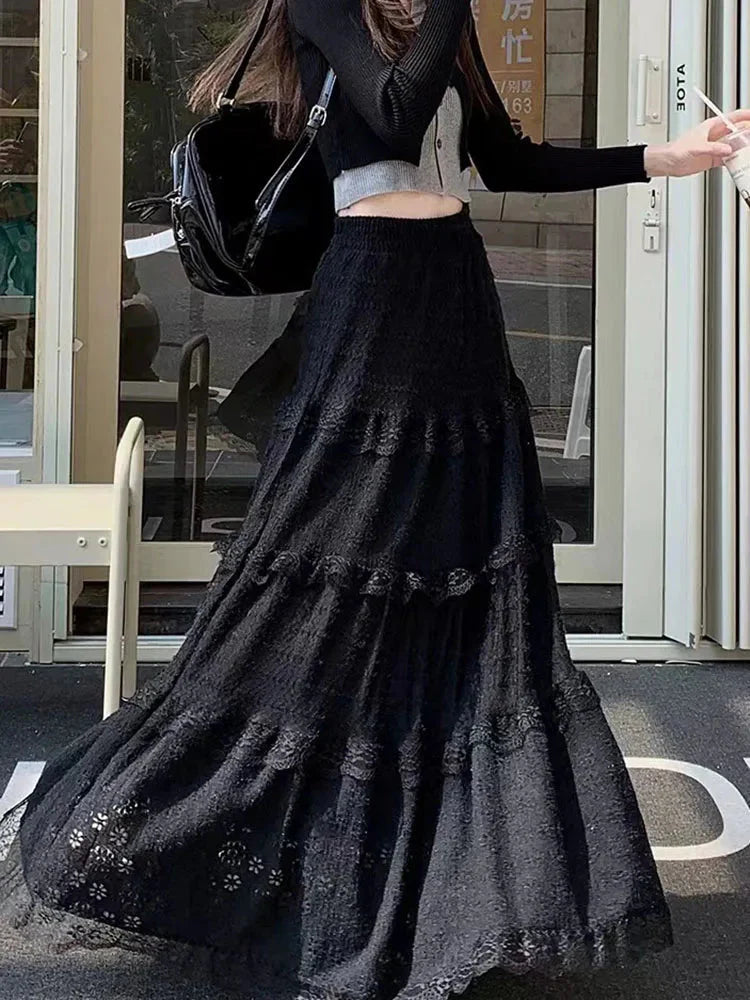 Elegant Lace Splicing Midi Skirt for Y2K High Waist Chic Hollow Out A Line Skirts Korean Solid All-Match Long Skirt